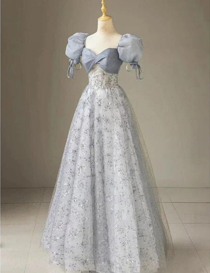 Cute A Line Sweetheart Floral Printed Tulle Short Puff Sleeves Long Prom Dress,Evening Dress GG577