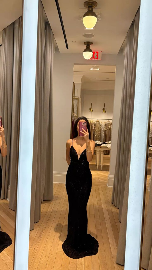 Obsessed Mermaid Black Spaghetti Straps Satin Sequin Long Prom Dress,Evening Dress GG5773