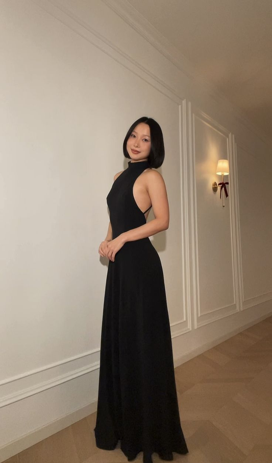 Sexy A Line Black Halter Satin Long Prom Dress,Evening Dress GG5775