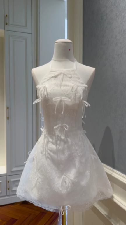 Pretty White A Line Halter Tulle Lace Short Homecoming Dress,Vacation Dress,20th Birthday Dress GG5786