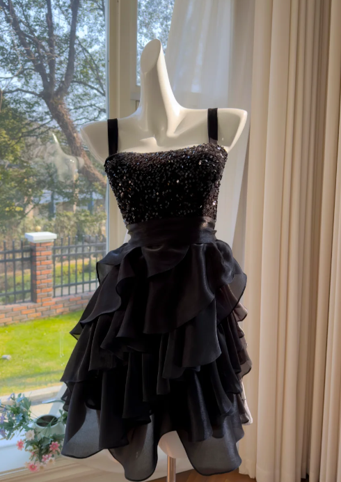 Cute A Line Square Black Sequin Chiffon Short Homecoming Dress,Vacation Dress,20th Birthday Dress GG5788