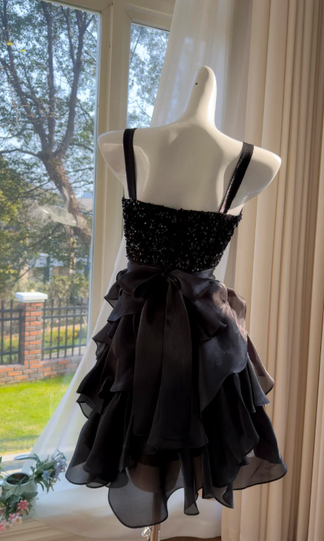 Cute A Line Square Black Sequin Chiffon Short Homecoming Dress,Vacation Dress,20th Birthday Dress GG5788