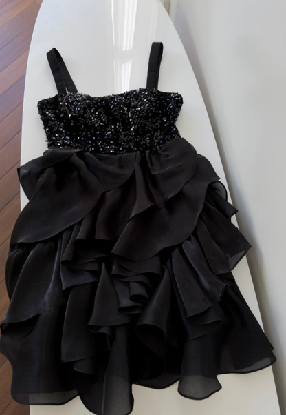 Cute A Line Square Black Sequin Chiffon Short Homecoming Dress,Vacation Dress,20th Birthday Dress GG5788