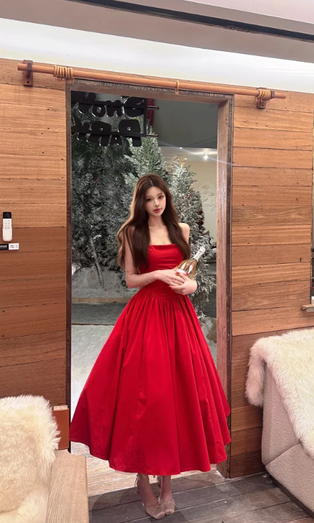 Pretty A Line Strapless Red Satin Long Prom Dress,Evening Dress GG5796