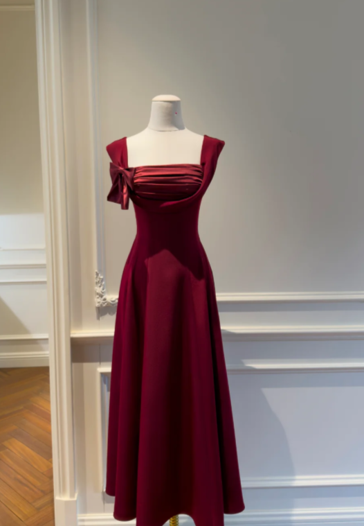 Elegant A Line Square Burgundy Satin Long Prom Dress,Evening Dress GG5798