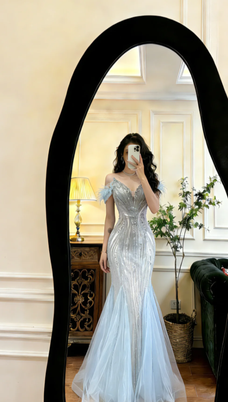Vintage Mermaid Off The Shoulder Tulle Sequin Long Prom Dress,Evening Dress GG5803