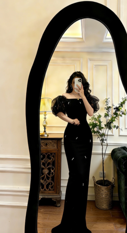 Vintage Black Mermaid Off The Shoulder Satin Tulle Long Prom Dress,Evening Dress GG5804