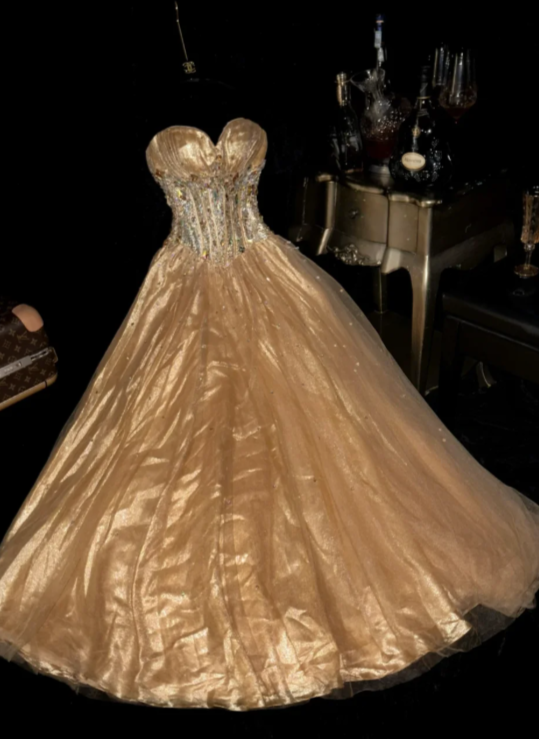 Chic Gold A Line Sweetheart Tulle Sequin Long Prom Dress,Evening Dress GG5814