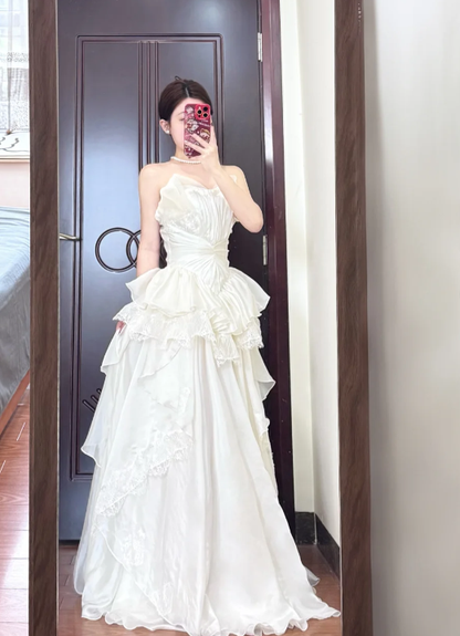Pincess A Line Strapless Chiffon Lace Long Prom Dress,Evening Dress GG5818