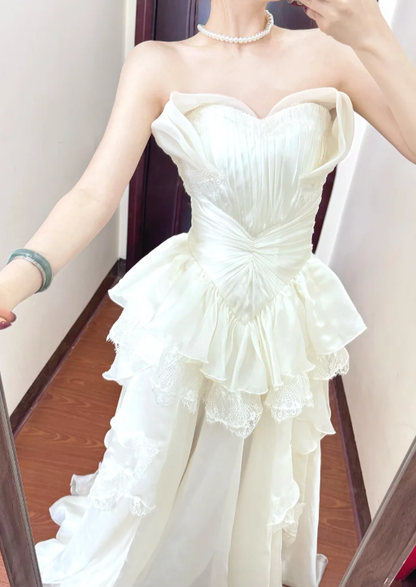 Pincess A Line Strapless Chiffon Lace Long Prom Dress,Evening Dress GG5818