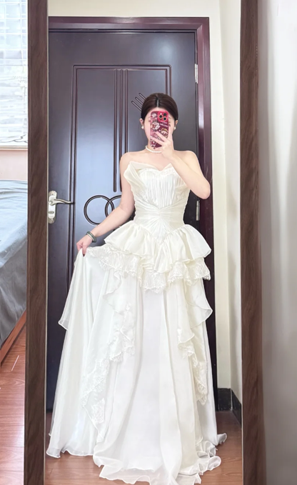 Pincess A Line Strapless Chiffon Lace Long Prom Dress,Evening Dress GG5818