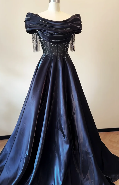 Formal A Line Off The Shoulder Satin Beads Long Prom Dress,Evening Dress GG5820
