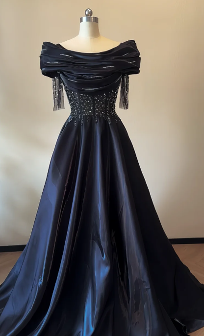 Formal A Line Off The Shoulder Satin Beads Long Prom Dress,Evening Dress GG5820