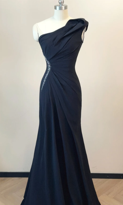 Formal Mermaid One Shoulder Navy Blue Satin Long Prom Dress,Evening Dress GG5821