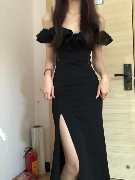 Classy Mermaid Black Off The Shoulder Satin Slit Long Prom Dress,Evening Dress GG5823