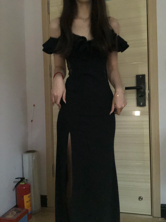 Classy Mermaid Black Off The Shoulder Satin Slit Long Prom Dress,Evening Dress GG5823