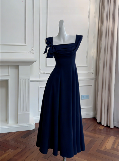 Sleek Square Neck A-Line Prom Dress Bow Satin Long Evening Dress GG5826