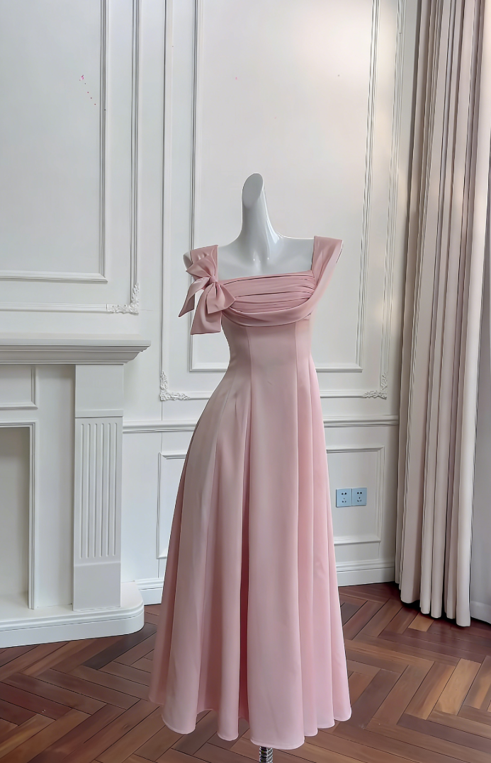 Sleek Square Neck A-Line Prom Dress Bow Satin Long Evening Dress GG5826