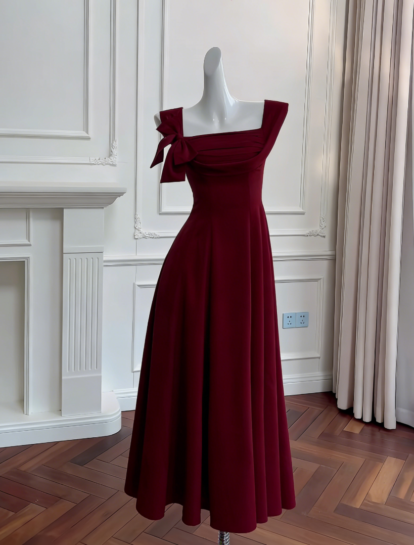 Sleek Square Neck A-Line Prom Dress Bow Satin Long Evening Dress GG5826