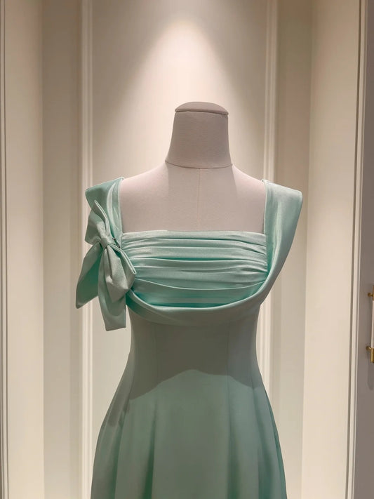 Sleek Square Neck A-Line Prom Dress Bow Satin Long Evening Dress GG5826
