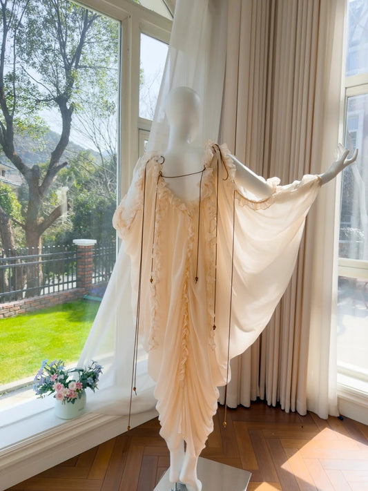 Ethreal V Neck Beige Prom Dress Ruffles Long Evening Dress GG5827