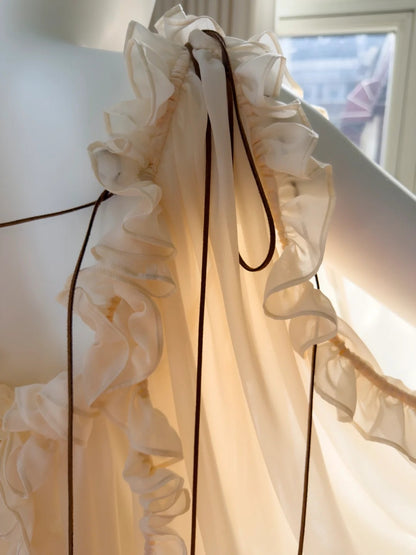 Ethreal V Neck Beige Prom Dress Ruffles Long Evening Dress GG5827