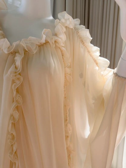 Ethreal V Neck Beige Prom Dress Ruffles Long Evening Dress GG5827