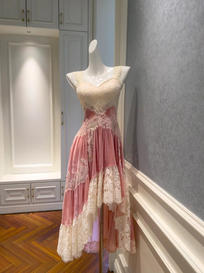 Sweet Spaghetti Straps Pink Prom Dress Velvet Lace A-Line Evening Dress GG5833