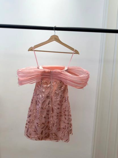 Adorable Off-The-Shoulder Homecoming Dress Pink Short Birthday Dress Sequins Crystals Mini Dress GG5834
