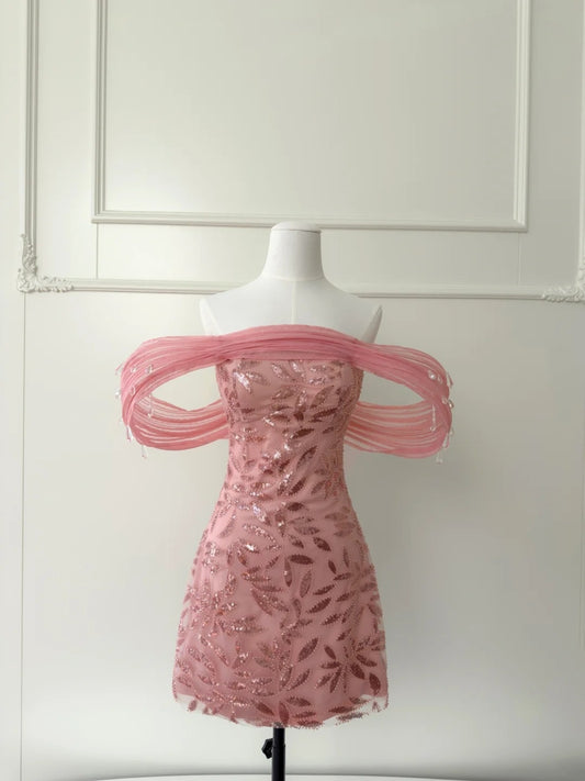 Adorable Off-The-Shoulder Homecoming Dress Pink Short Birthday Dress Sequins Crystals Mini Dress GG5834