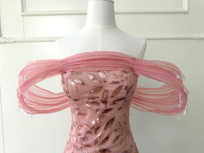 Adorable Off-The-Shoulder Homecoming Dress Pink Short Birthday Dress Sequins Crystals Mini Dress GG5834