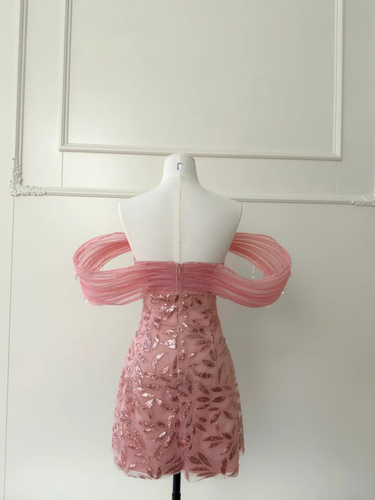 Adorable Off-The-Shoulder Homecoming Dress Pink Short Birthday Dress Sequins Crystals Mini Dress GG5834