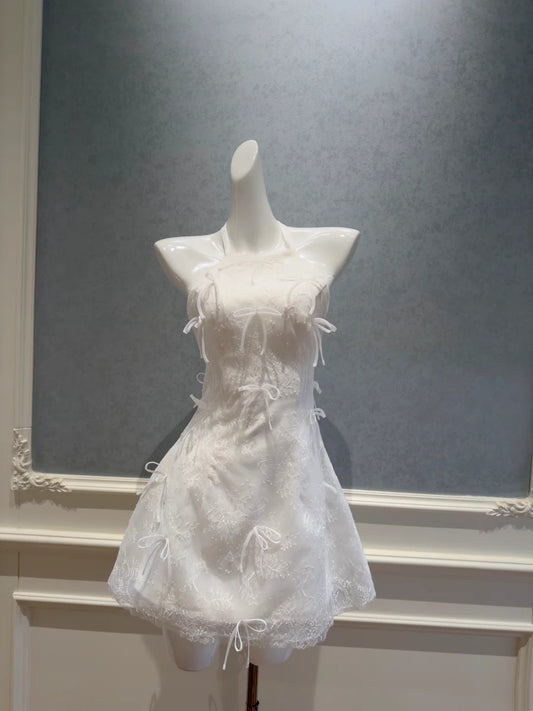 Romantic A-Line White Homecoming Dress Bows Backless Birthday Dress Lace Hlater Mini Dress GG5836