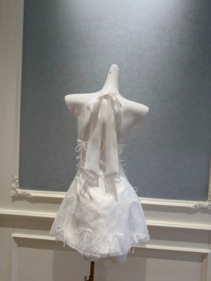 Romantic A-Line White Homecoming Dress Bows Backless Birthday Dress Lace Hlater Mini Dress GG5836