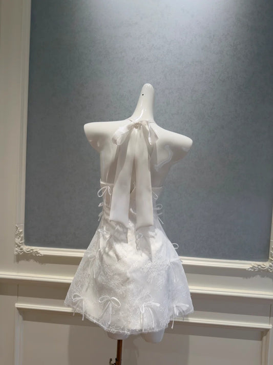 Romantic A-Line White Homecoming Dress Bows Backless Birthday Dress Lace Hlater Mini Dress GG5836
