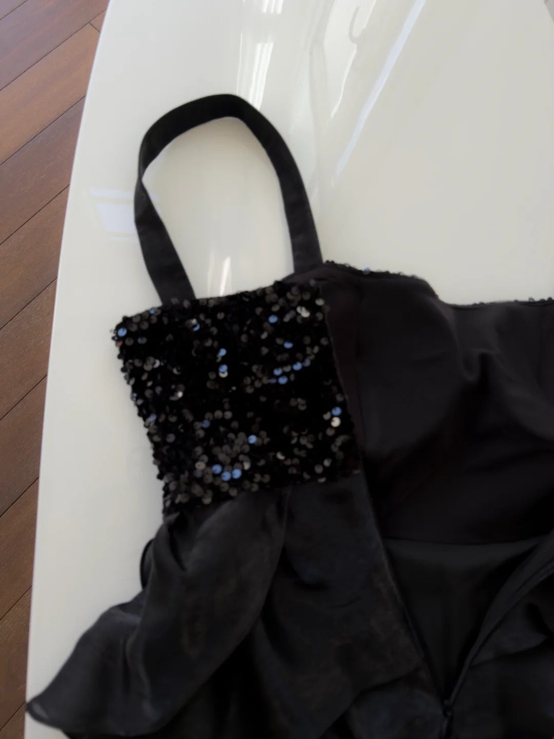 Sexy Spaghetti Straps Black Homecoming Dress Sequins Birthday Dress Ruffles A-Line Mini Dress GG5837