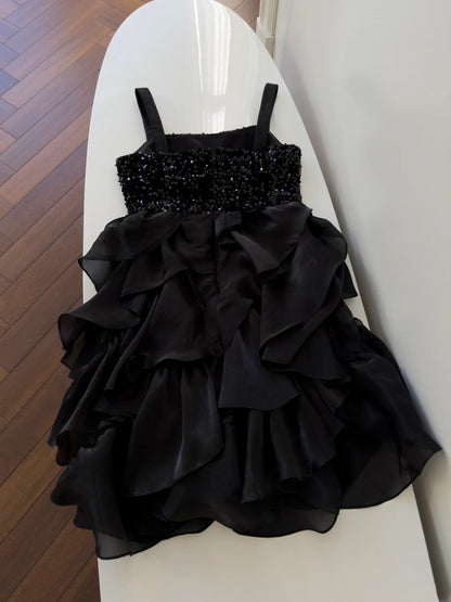 Sexy Spaghetti Straps Black Homecoming Dress Sequins Birthday Dress Ruffles A-Line Mini Dress GG5837
