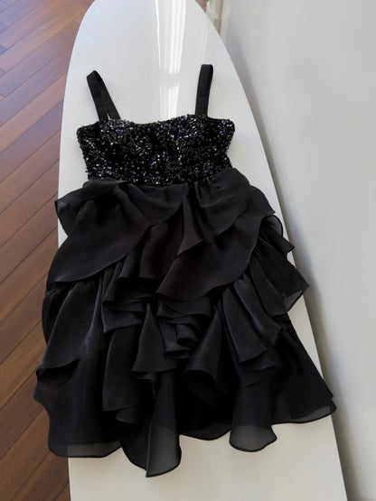 Sexy Spaghetti Straps Black Homecoming Dress Sequins Birthday Dress Ruffles A-Line Mini Dress GG5837