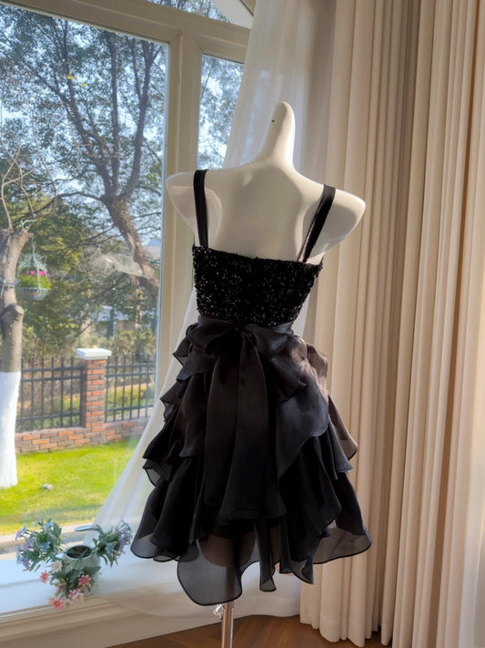 Sexy Spaghetti Straps Black Homecoming Dress Sequins Birthday Dress Ruffles A-Line Mini Dress GG5837