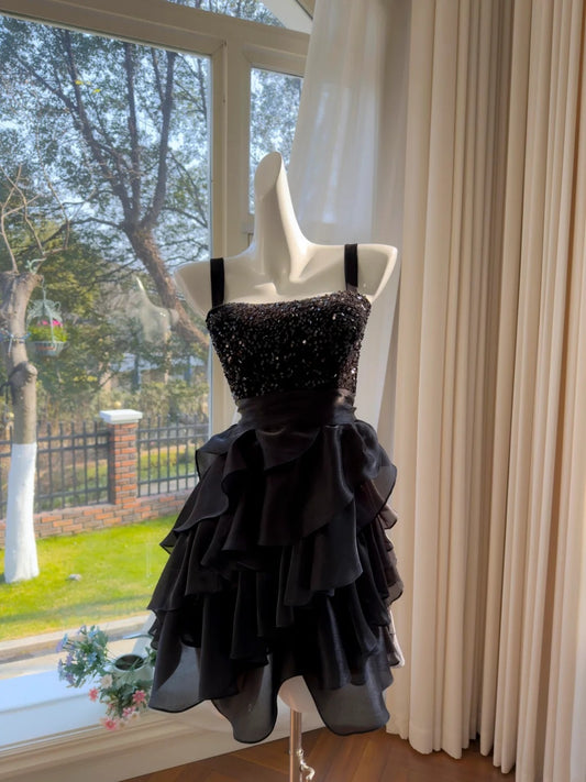 Sexy Spaghetti Straps Black Homecoming Dress Sequins Birthday Dress Ruffles A-Line Mini Dress GG5837