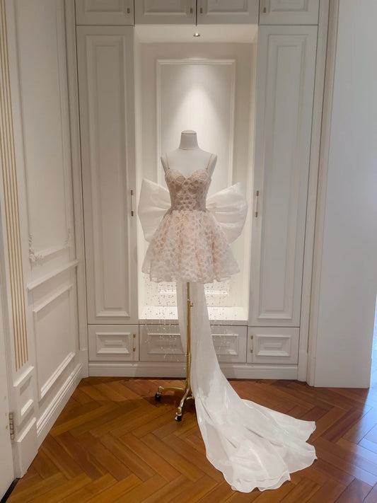 Sweet Spaghetti Straps Light Pink Homecoming Dress Beads Tassel Birthday Dress Bow Train A-Line Mini Dress GG5838