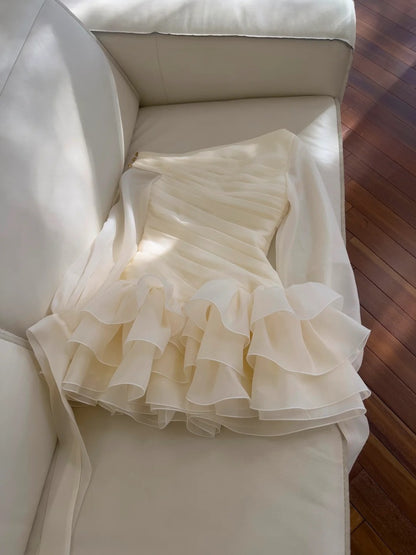 Elegant Asymmetrical Neck Ivory Homecoming Dress Pleated Bow Birthday Dress Long Sleeve A-Line Mini Dress GG5839