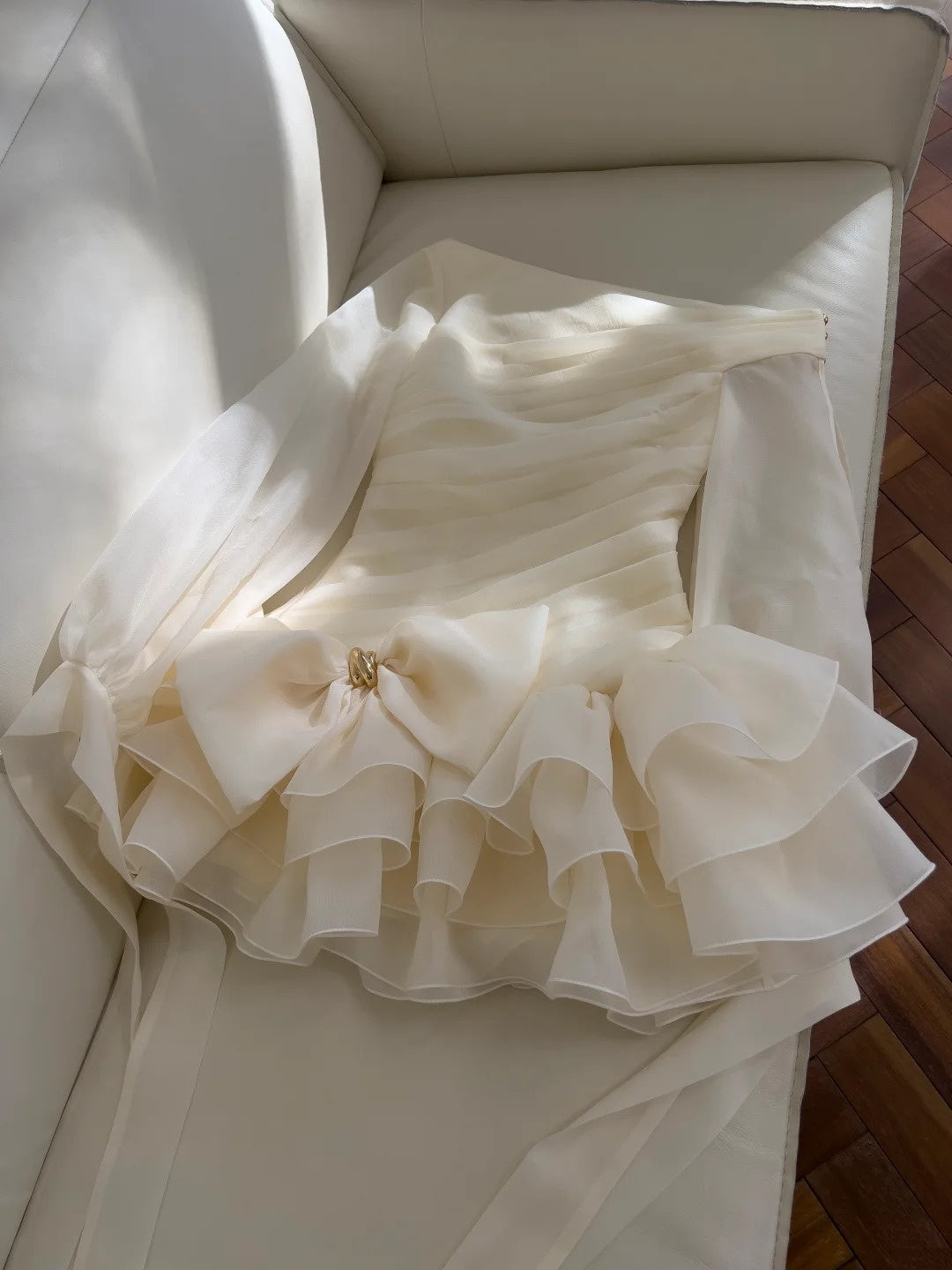 Elegant Asymmetrical Neck Ivory Homecoming Dress Pleated Bow Birthday Dress Long Sleeve A-Line Mini Dress GG5839