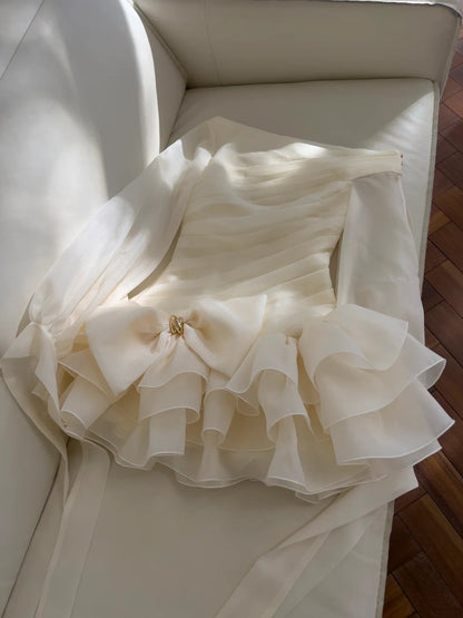 Elegant Asymmetrical Neck Ivory Homecoming Dress Pleated Bow Birthday Dress Long Sleeve A-Line Mini Dress GG5839