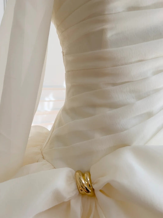 Elegant Asymmetrical Neck Ivory Homecoming Dress Pleated Bow Birthday Dress Long Sleeve A-Line Mini Dress GG5839