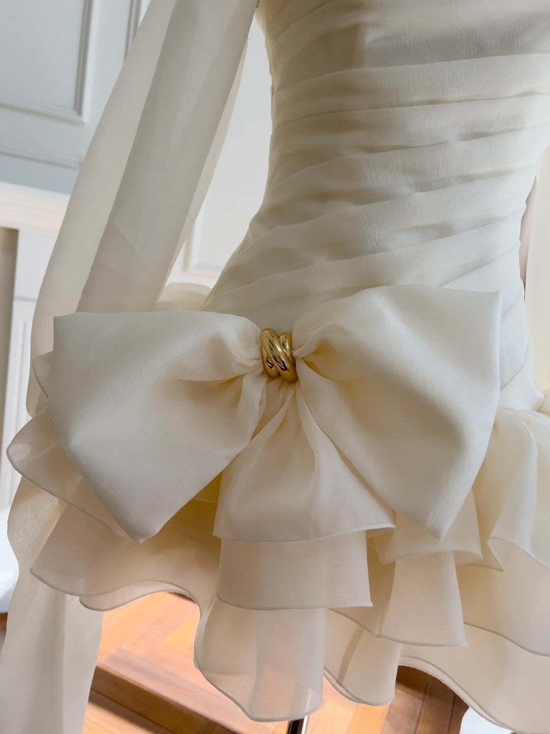 Elegant Asymmetrical Neck Ivory Homecoming Dress Pleated Bow Birthday Dress Long Sleeve A-Line Mini Dress GG5839