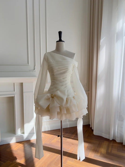 Elegant Asymmetrical Neck Ivory Homecoming Dress Pleated Bow Birthday Dress Long Sleeve A-Line Mini Dress GG5839