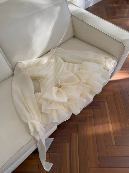 Elegant Asymmetrical Neck Ivory Homecoming Dress Pleated Bow Birthday Dress Long Sleeve A-Line Mini Dress GG5839