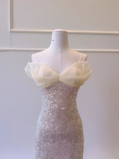 Glittering Spaghetti Straps Light Pink Prom Dress Sequins Mermaid Evening Dress GG5843