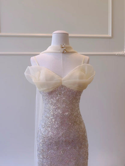 Glittering Spaghetti Straps Light Pink Prom Dress Sequins Mermaid Evening Dress GG5843